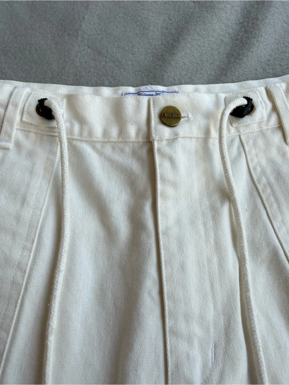 Chez Rien Wide Fatigue Pants In Bone Men Sz XL Loose Fit Draw Cord Waist Canvas